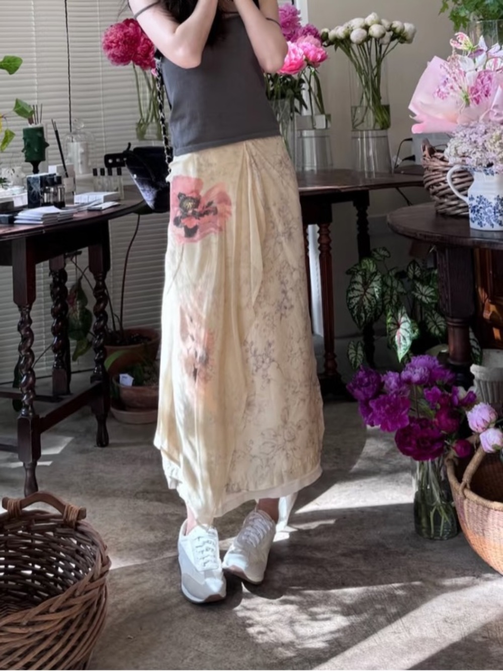 Womens Floral Watercolor Maxi Skirt - Cream